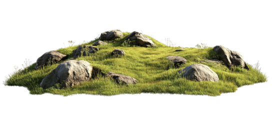 Lush green meadow with rocks and grass isolated on a transparent background suitable for design elements