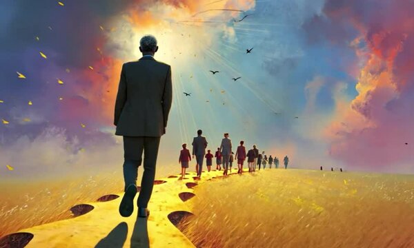 A Journey of Individuals on a Path Under Radiant Skies - Powered by Adobe