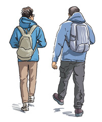 Two casual men tourists with backpacks striding outdoors, back view, freehand realistic drawing, vector illustration isolated on white