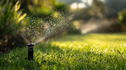 Water sprinkler sprays over green lawn in sunny garden, refreshing backyard under bright daylight