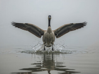 Misty Lake Moment Featuring Goose in Motion with Spreading Wings