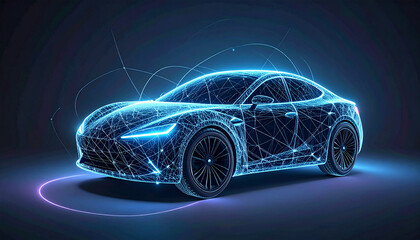 Naklejka premium High-tech electric car created with blue wireframe lines on a dark background. Symbol of smart mobility and future innovation.
