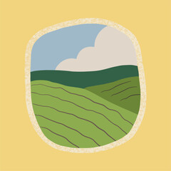 Scenery, hand drawn illustration. Summer nature, day. Fields and clouds.
