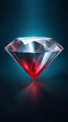An illuminated crystal diamond glistens with red highlights against a dark teal backdrop, displaying brilliant facets and reflections on a glossy surface now.