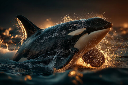 Majestic orca whale breaching through water with golden sunset light