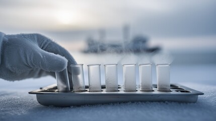 A hand handling a tray of frozen test tubes partially filled with liquid, resting on snow in a polar environment.  An image of extreme climate scientific research and Arctic or Antarctic exploration.