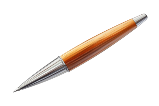 An elegant wood grain pen resting ready to capture thoughts and ideas with silver accents on transparent background