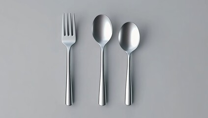  A set of cutlery, including one knife and three spoons, is arranged in the center on a gray background. 