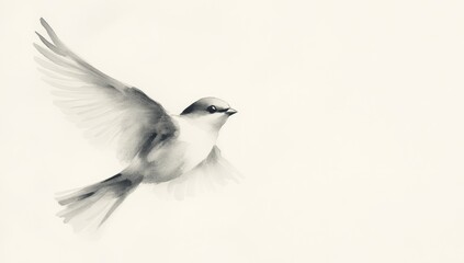 Monochromatic bird in flight, delicate wings outstretched against a light background