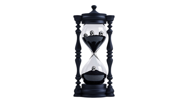 An hourglass with black sand and skulls symbolizes the fleeting nature of time, set against a dramatic black backdrop, transparent background