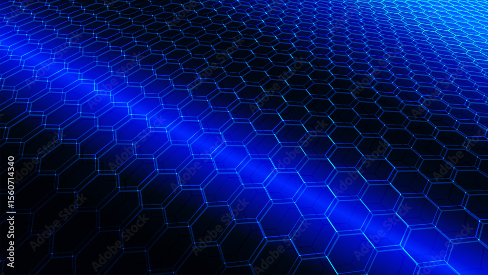 Poster dynamic abstract background featuring a repeating pattern of interconnected, glowing blue hexagons a