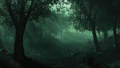 Fototapeta premium Misty, emerald green forest. Sunlight streams through trees