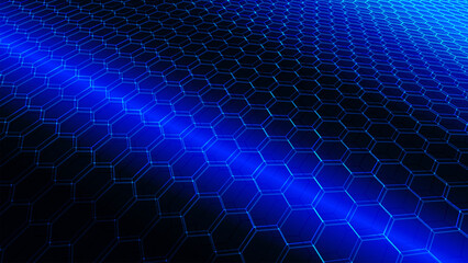 Dynamic abstract background featuring a repeating pattern of interconnected, glowing blue hexagons against a deep, dark backdrop.