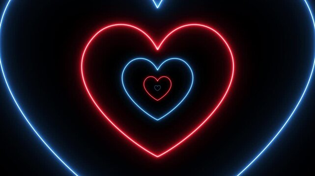Simple looping animation of a tunnel of neon red hearts.