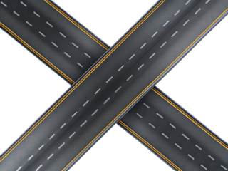 Asphalt road intersection with yellow lines isolated on a transparent background.PNG