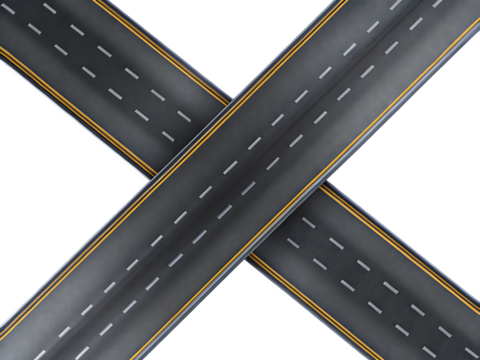 Asphalt road intersection with yellow lines isolated on a transparent background
