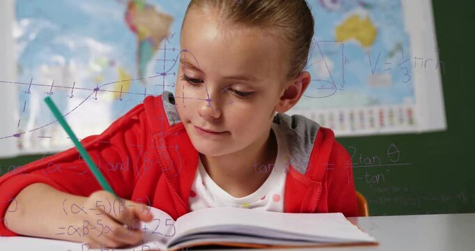 Student picking green pencil, writing algebra notes while graphs and formulas emerging around desk
