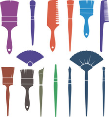 Colorful Paint Brush & Art Tool Vector Illustration Set. Diverse Brushes for Painting, Crafting, Art, and Creative Projects. Artistic Supplies Collection.