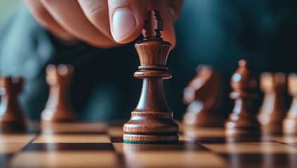 A hand places a dark-wooden chess king on a light and dark checkered board