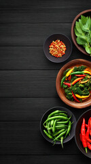 An overhead shot features a colorful array of fresh ingredients for spicy Asian cuisine arranged artfully on a dark wooden surface creating a vibrant culinary scene.