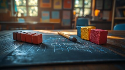 Blocks and pencil on chalkboard desk.