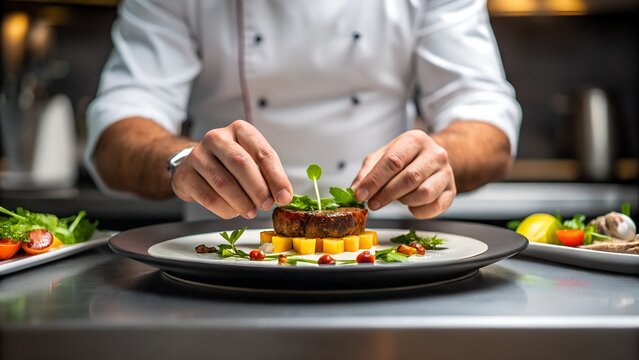 Chef plating gourmet dish in fancy restaurant kitchen — selective focus on hands and plate.High quality Jpg 