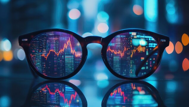 Financial data reflected in eyeglasses, overlooking a cityscape at night