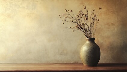 Dried flowers in a muted vase against a textured wall