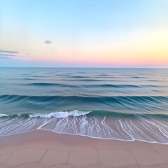 A photo-realistic image of a serene beach during sunset, taken from a bird's eye view. the image features a vast expanse of ocean with gentle waves crashing onto the shore, creating a gentle and calm 