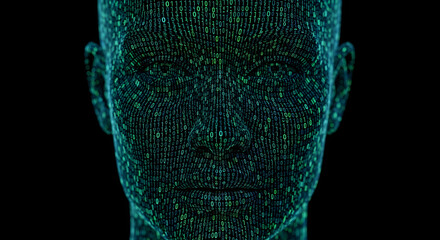 Digital face made of binary code, concept of machine learning identity
