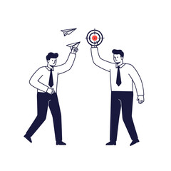 Two men in business attire One throws paper planes while the other holds a target