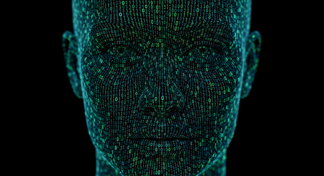 Digital face made of binary code, concept of machine learning identity
