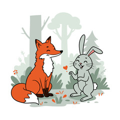 Fox and rabbit smiling at each other in a forest