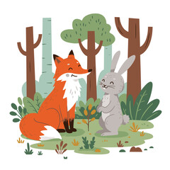 Fox and rabbit smile in a cartoon forest scene with trees and foliage
