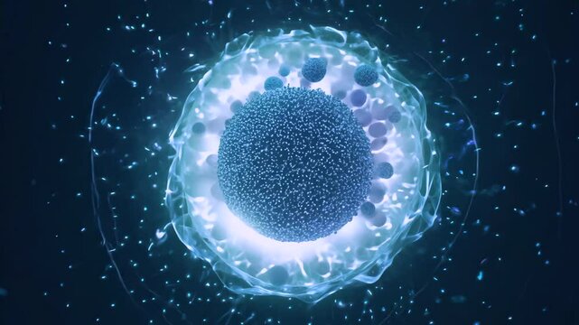 Animated spherical cell undergoing mitosis surrounded by glowing particles in dark blue fluid. Concept of biology, life formation and microscopic science