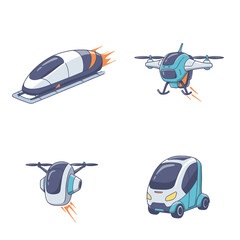 A pixel art grid of four futuristic transportation vehicles on a white background