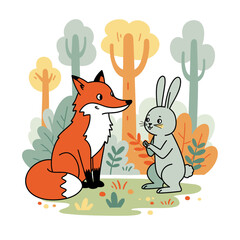 A cartoon forest scene with a fox and rabbit engaged in conversation