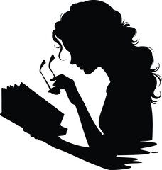 Silhouette of a woman reading a book and holding eyeglasses in black and white