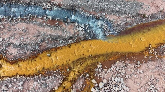 Aerial view of the union of the rivers of the two colors, in Chilecito, La Rioja, Argentina.