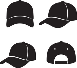 Black Baseball Cap Silhouette Vector Set - Sportswear Headwear Fashion Accessory Collection