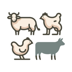 A collection of stylized farm animals including a cow, sheep, chicken, and goat, on a plain background