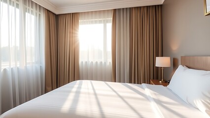 Fototapeta premium Elegant hotel bedroom with morning sunlight streaming through curtains, creating a serene and inviting atmosphere.