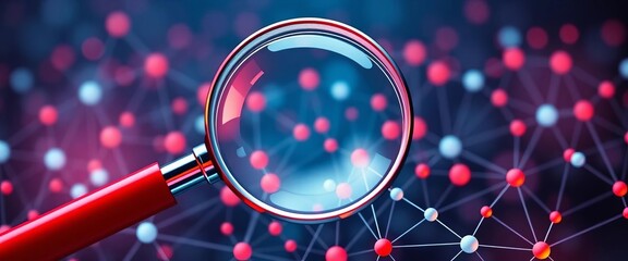 Abstract vector illustration of a magnifying glass over a network of interconnected nodes, symbolizing talent search and recruitment,  icon,  minimalist