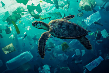 Obraz premium Ocean filled with plastic waste and debris, harming marine life such as turtles, fish, and birds