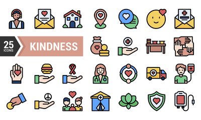 25 Colorful Lineal Icons for Kindness and Charity Design.