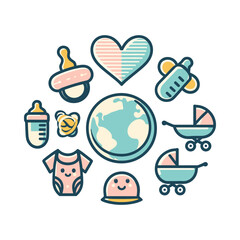 Colorful baby-themed illustration featuring items like strollers, bottles, and a globe, symbolizing parenting