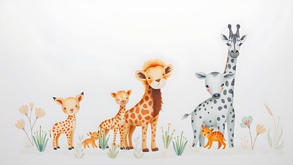 Fototapeta premium Soft pastel-toned watercolor safari animals in a gentle nursery wall art style.