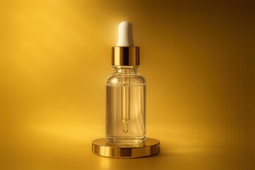 Luxury yellow glass serum bottle in premium cosmetic display scene