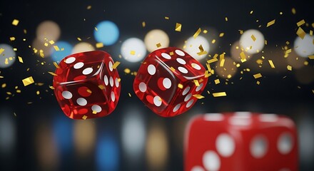 Red dice with gold confetti falling against blurred lights white dots