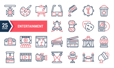 25 Entertainment Line Icons in Red and Blue.